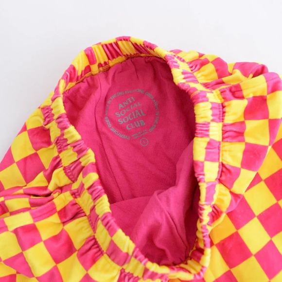 Anti Social Social Club Pink Yellow Checker Velour 2 Piece Pajamas 100% Cotton S - Picture 14 of 16